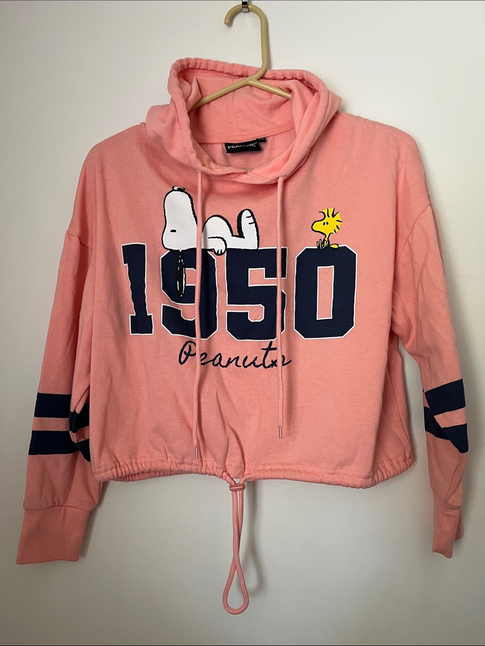 Snoopy Woodstock Peanuts Pink Cropped Boxy Hooded Sweatshirt - Picture 5 of 6